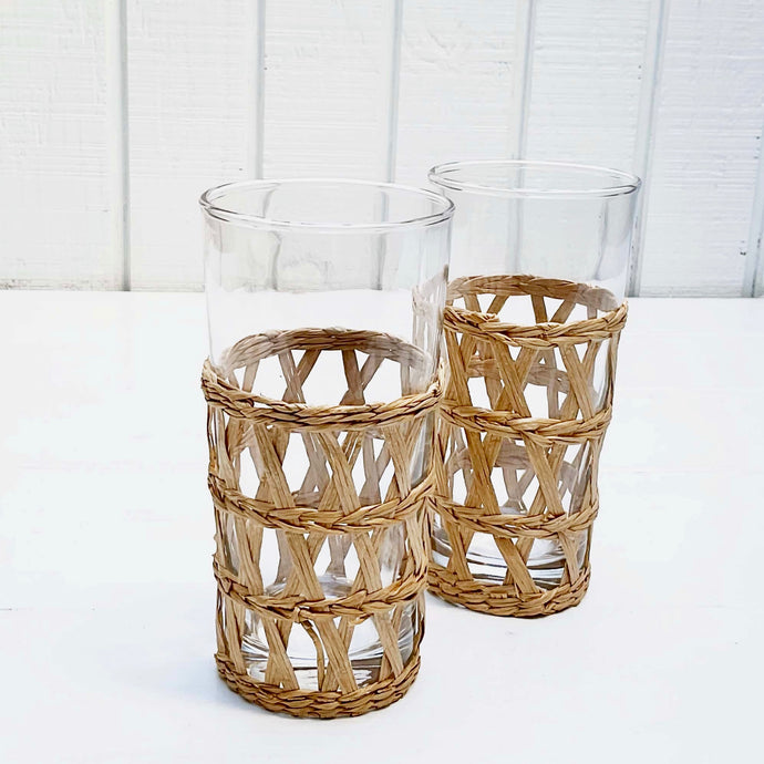 tall drinking glass with rattan lattice covering