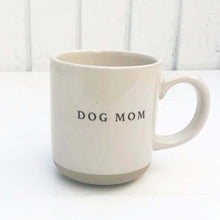Load image into Gallery viewer, off white stoneware mug with words &quot;dog mom&quot; in black letters