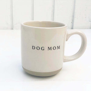 off white stoneware mug with words "dog mom" in black letters
