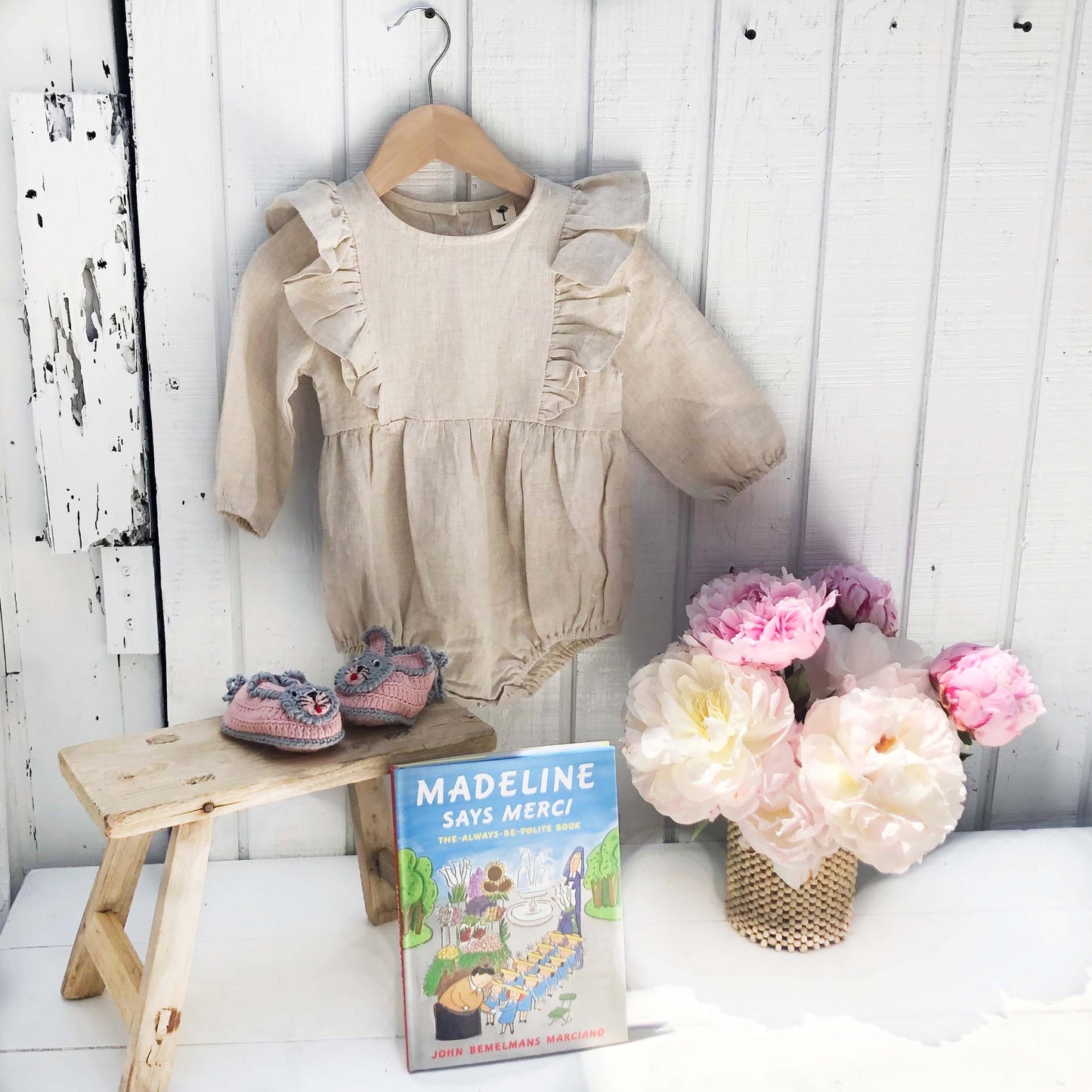 natural color linen long sleeve baby romper with ruffles down front