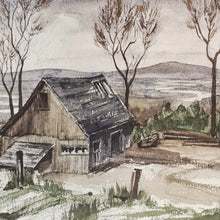 Load image into Gallery viewer, wood barn with trees and mountains in background