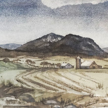 Load image into Gallery viewer, watercolor of farmscape with silo, barn and mountains