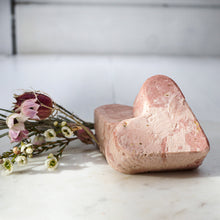 Load image into Gallery viewer, Pink heart shaped soap with rose clayrose colored clay heart shaped soap