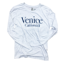 Load image into Gallery viewer, long sleeved white tee shirt with navy Venice California on front