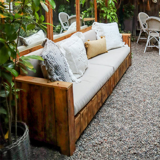 made in California, reclaimed douglas fir  outdoor sofa with outdoor fabric