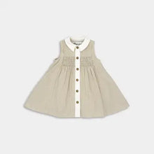 Load image into Gallery viewer, beige pinstripe kid&#39;s sleeveless dress with front snaps