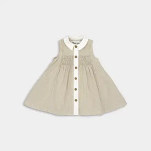 beige pinstripe kid's sleeveless dress with front snaps