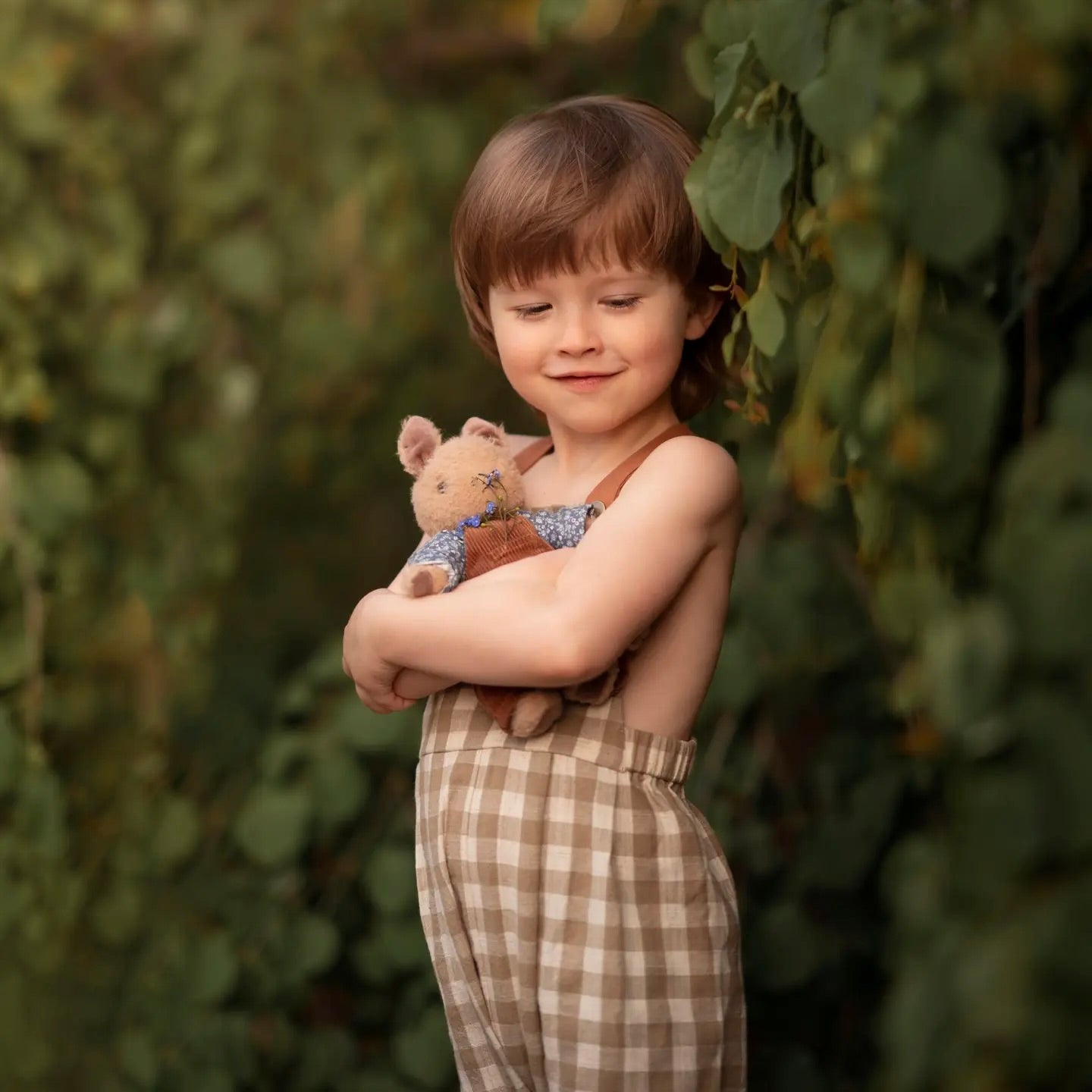 brownish green and cream gingham check kid's overalls