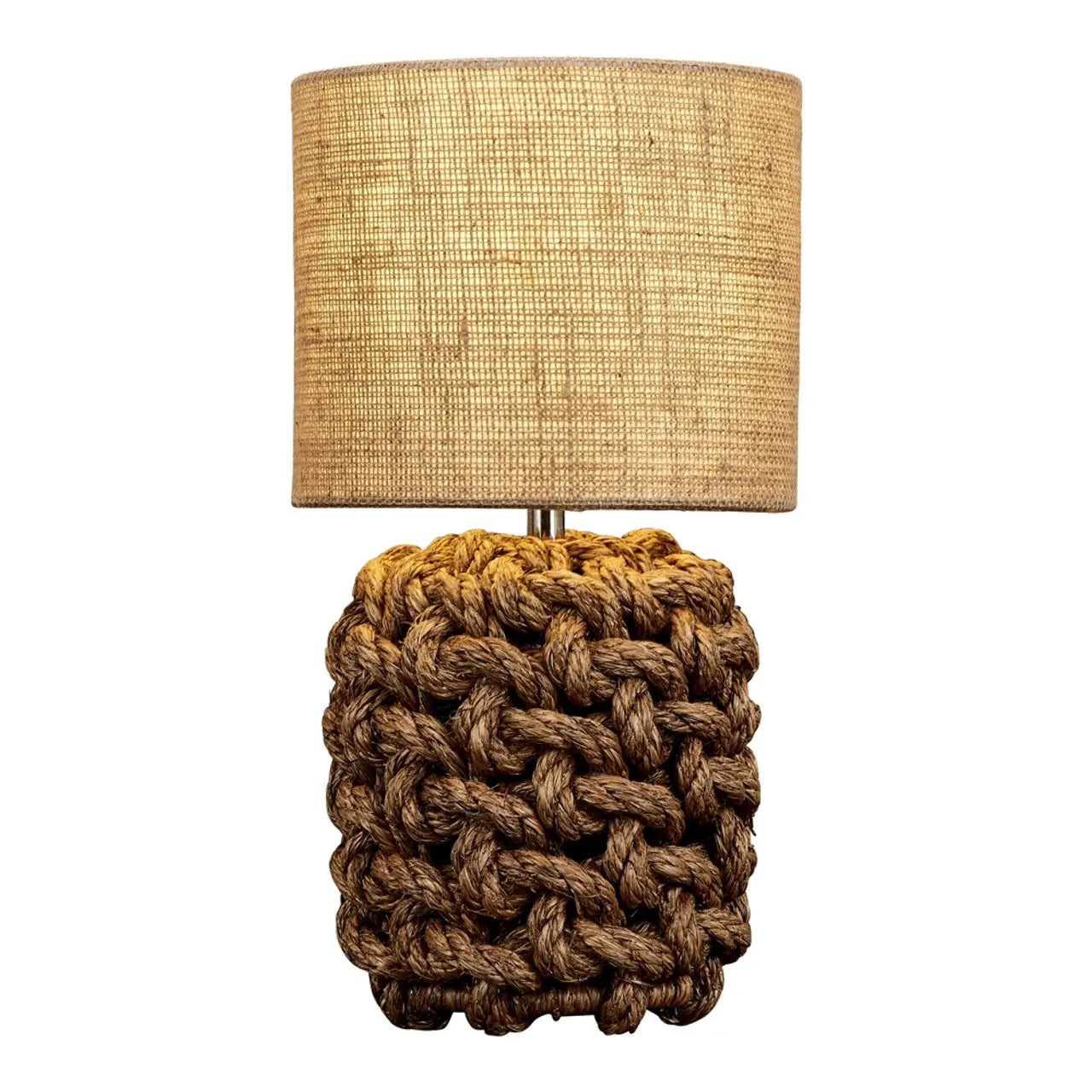 table lamp wrapped in heavy rope and natural burlap type material lamp shade