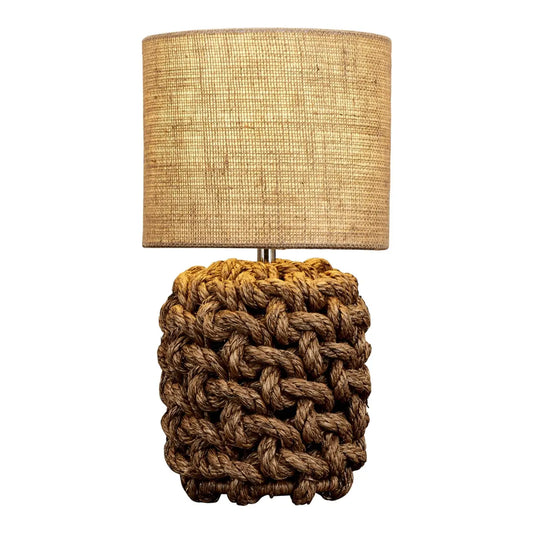 table lamp wrapped in heavy rope and natural burlap type material lamp shade