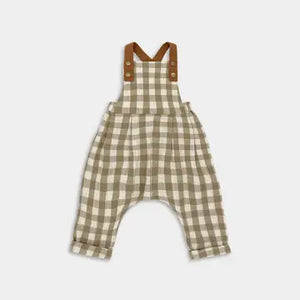 brownish green and cream gingham check kid's overalls with brown straps