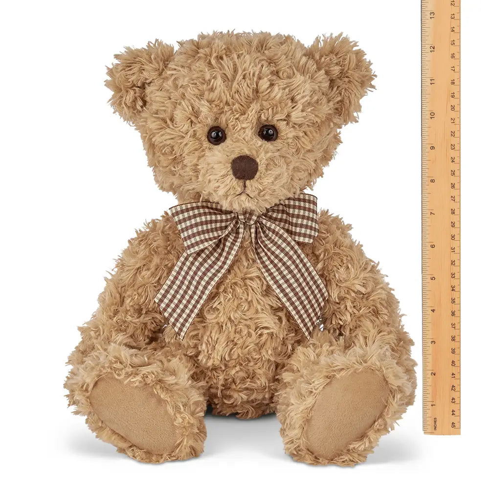 light brown teddy bear with brown check bow