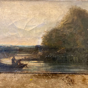 rectangle vintage oil painting of two men in boat in foreground and trees on the right and horizon in background