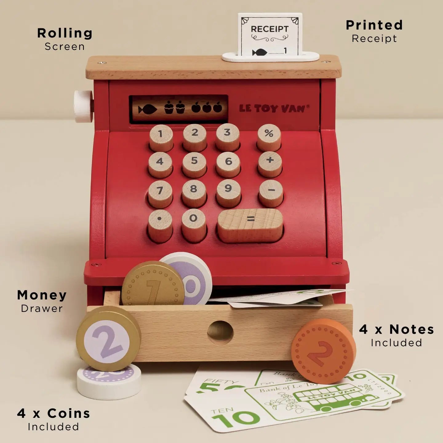 Toy cash register with wooden and red components, including a money drawer and printed receipt.