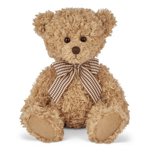 light brown teddy bear with brown check bow