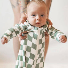 Load image into Gallery viewer, green and white check zip up baby pajamas