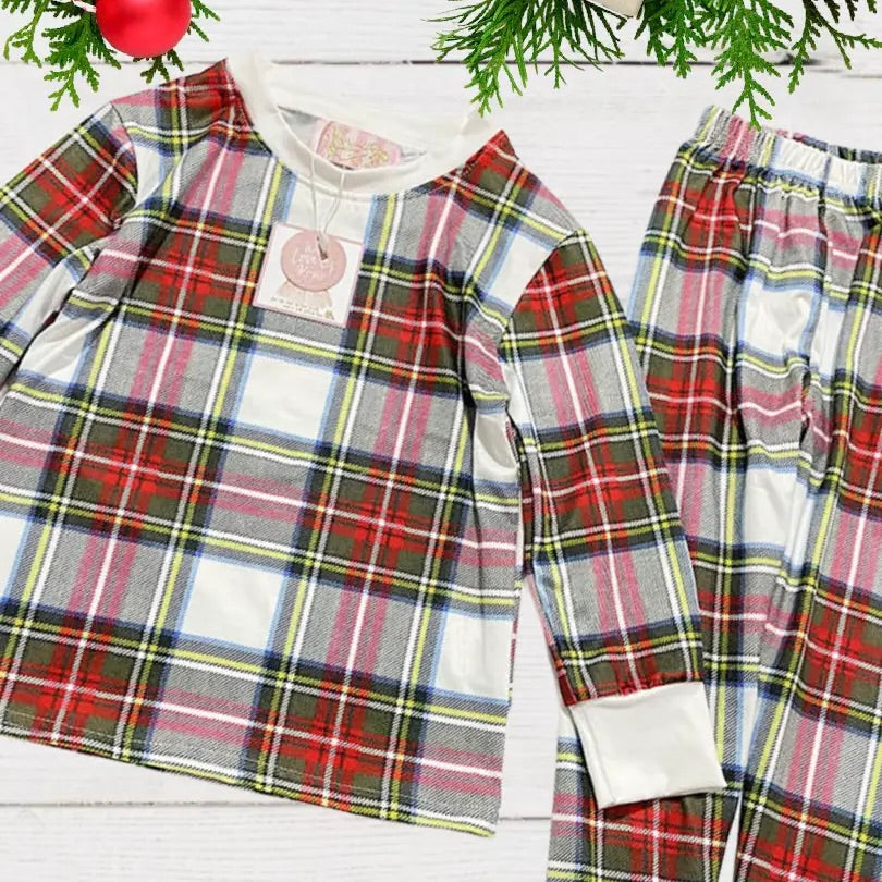 red green and white Tartan plaid kid's holiday pajamas