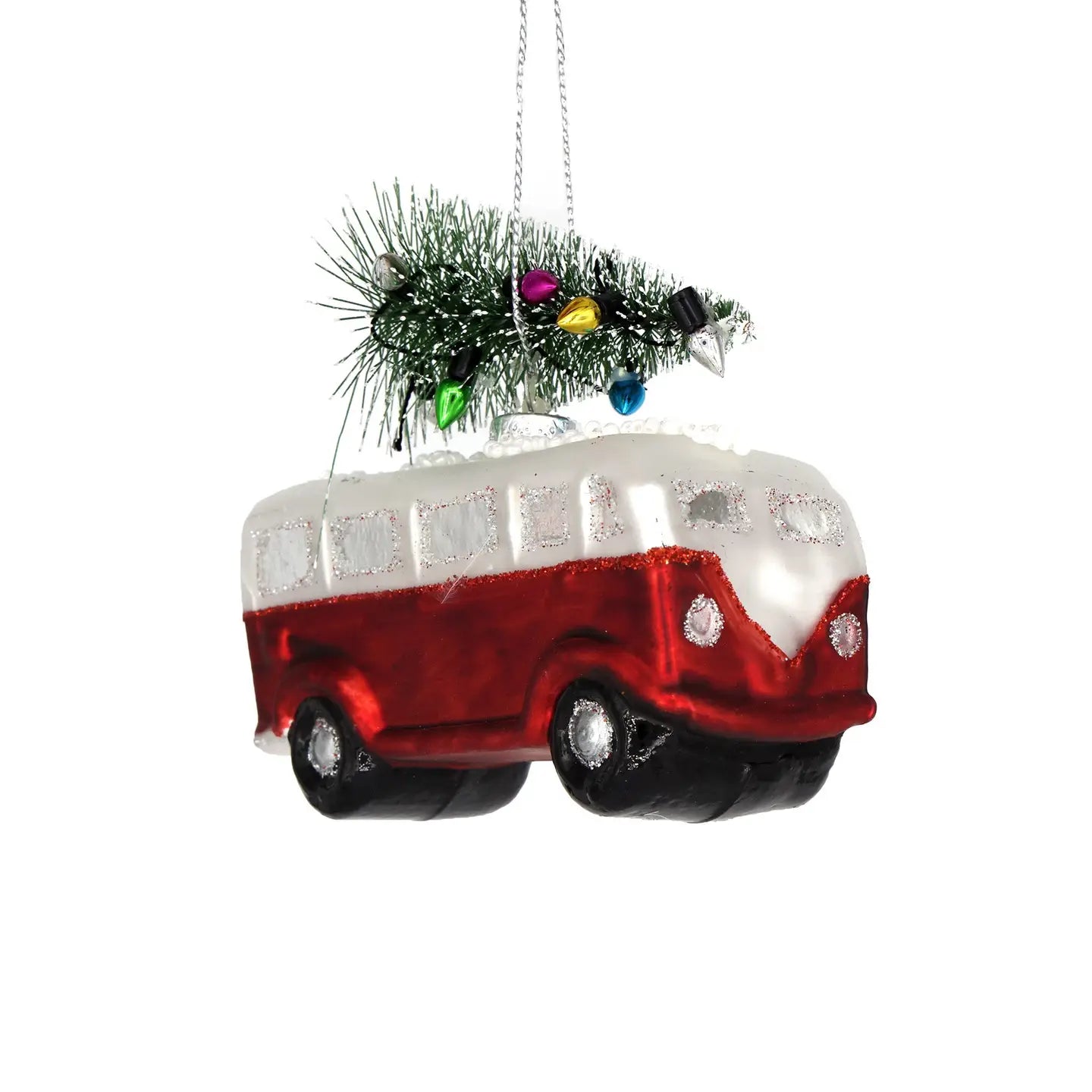 Red VW Van w/Tree Glass Ornament