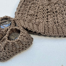 Load image into Gallery viewer, brown hand knit baby hat with small ears and booties