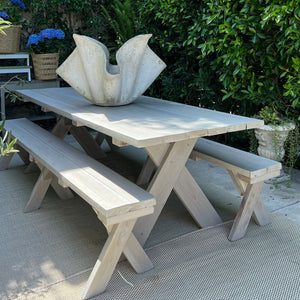 redwood picnic table and benches with whitewash finish