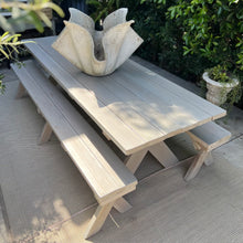 Load image into Gallery viewer, redwood picnic table and benches with whitewash natural finish