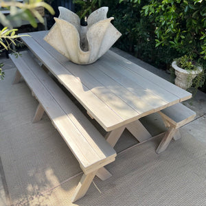 redwood picnic table and benches with whitewash natural finish