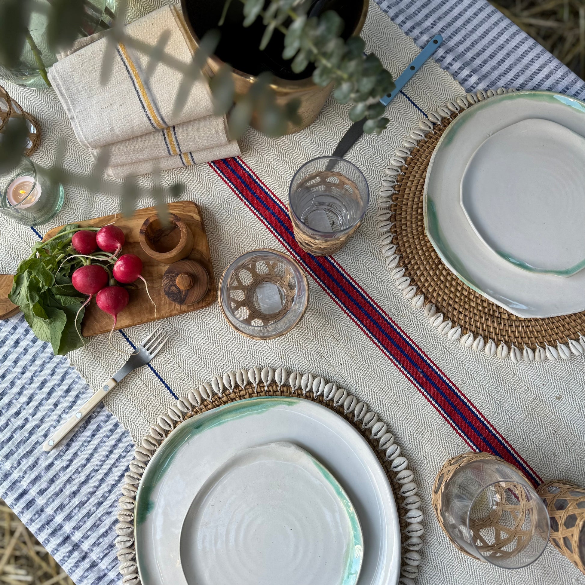 white  linen tablecloth with blue stripes