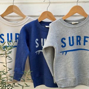 gray, blue and off white toddler sweatshirts with SURF on front
