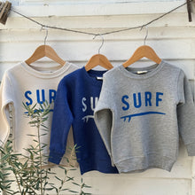 Load image into Gallery viewer, gray, blue and off white toddler sweatshirts with SURF on front
