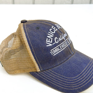 blue youth cap with tan back mesh and Venice Beach California Tumbleweed & Dandelion embroidered on front