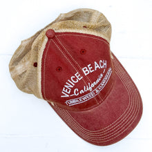 Load image into Gallery viewer, red youth cap with tan back mesh and Venice Beach California Tumbleweed &amp; Dandelion embroidered on front