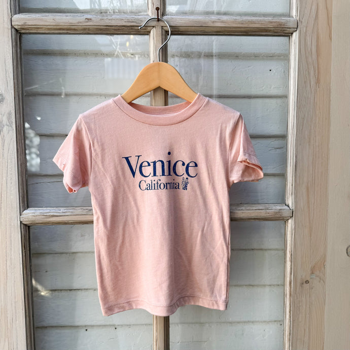 pink youth tee shirt with Venice California on front in blue