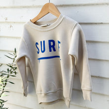 Load image into Gallery viewer, off white toddler sweatshirt with word SURF in blue on front