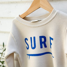 Load image into Gallery viewer, off white toddler sweatshirt with word SURF in blue on front