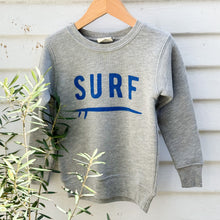 Load image into Gallery viewer, gray toddler sweatshirt with SURF on from in blue