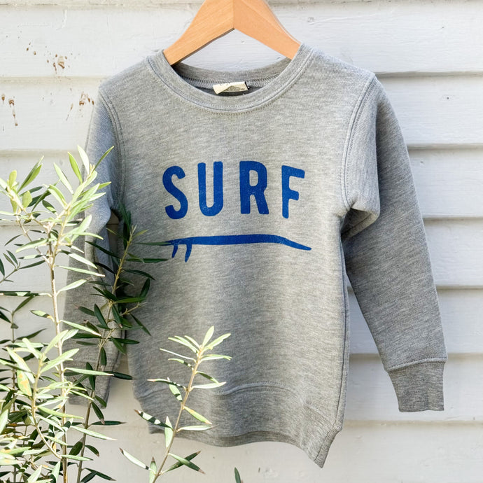 gray toddler sweatshirt with SURF on from in blue