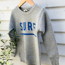 Load image into Gallery viewer, gray toddler sweatshirt with SURF on from in blue