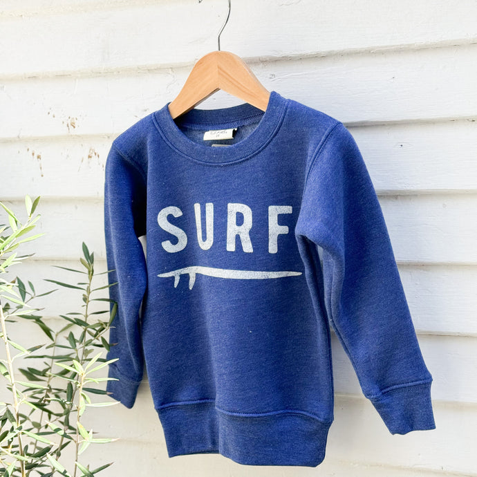 royal blue toddler sweatshirt with word SURF in white on front