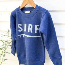 Load image into Gallery viewer, royal blue toddler sweatshirt with word SURF in white on front