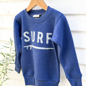 royal blue toddler sweatshirt with word SURF in white on front