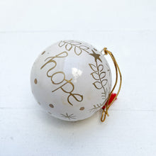 Load image into Gallery viewer, white paper mache round ornaments with gold decoration and word &quot;hope&quot;