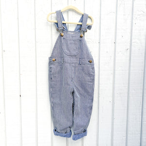 blue and white pin striped kid's dungaree overalls