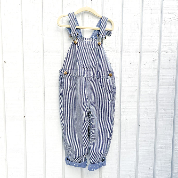 blue and white pin striped kid's dungaree overalls