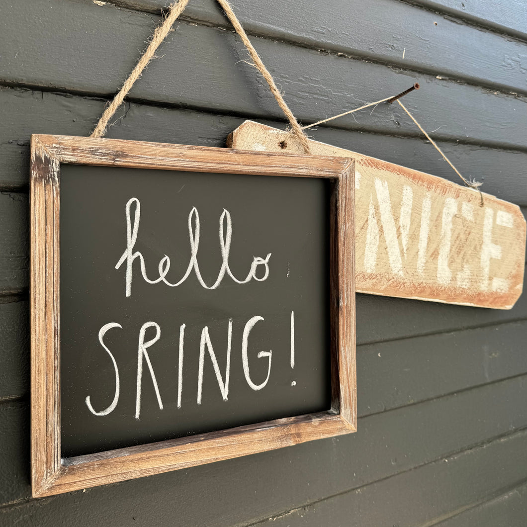 small hanging chalkboard with wood frame