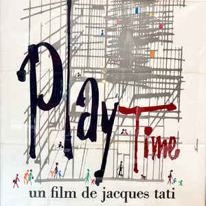 vintage poster of the film "Play Time" with gray geometric pattern and small colorful images of people walking at the bottom