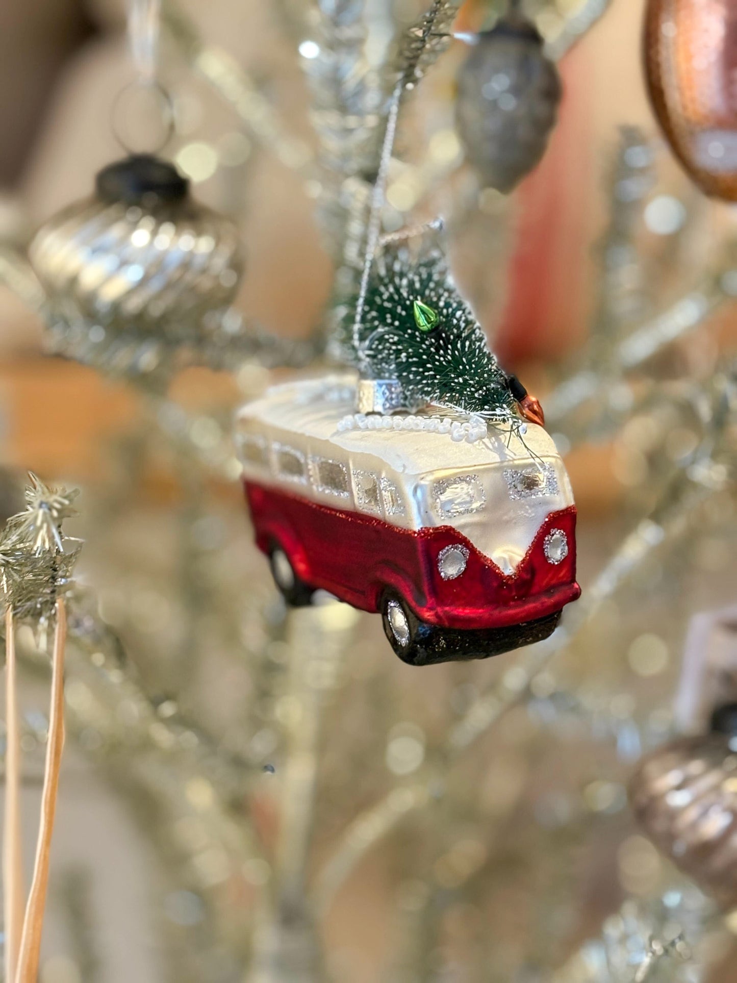 Red VW Van w/Tree Glass Ornament