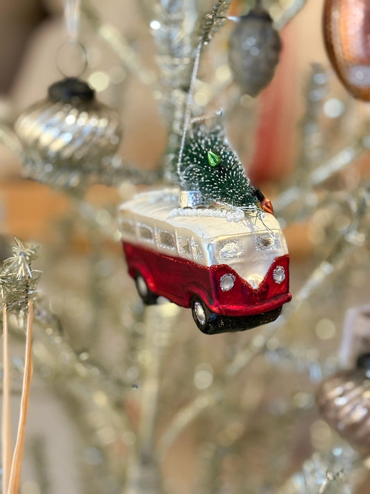 Red VW Van w/Tree Glass Ornament