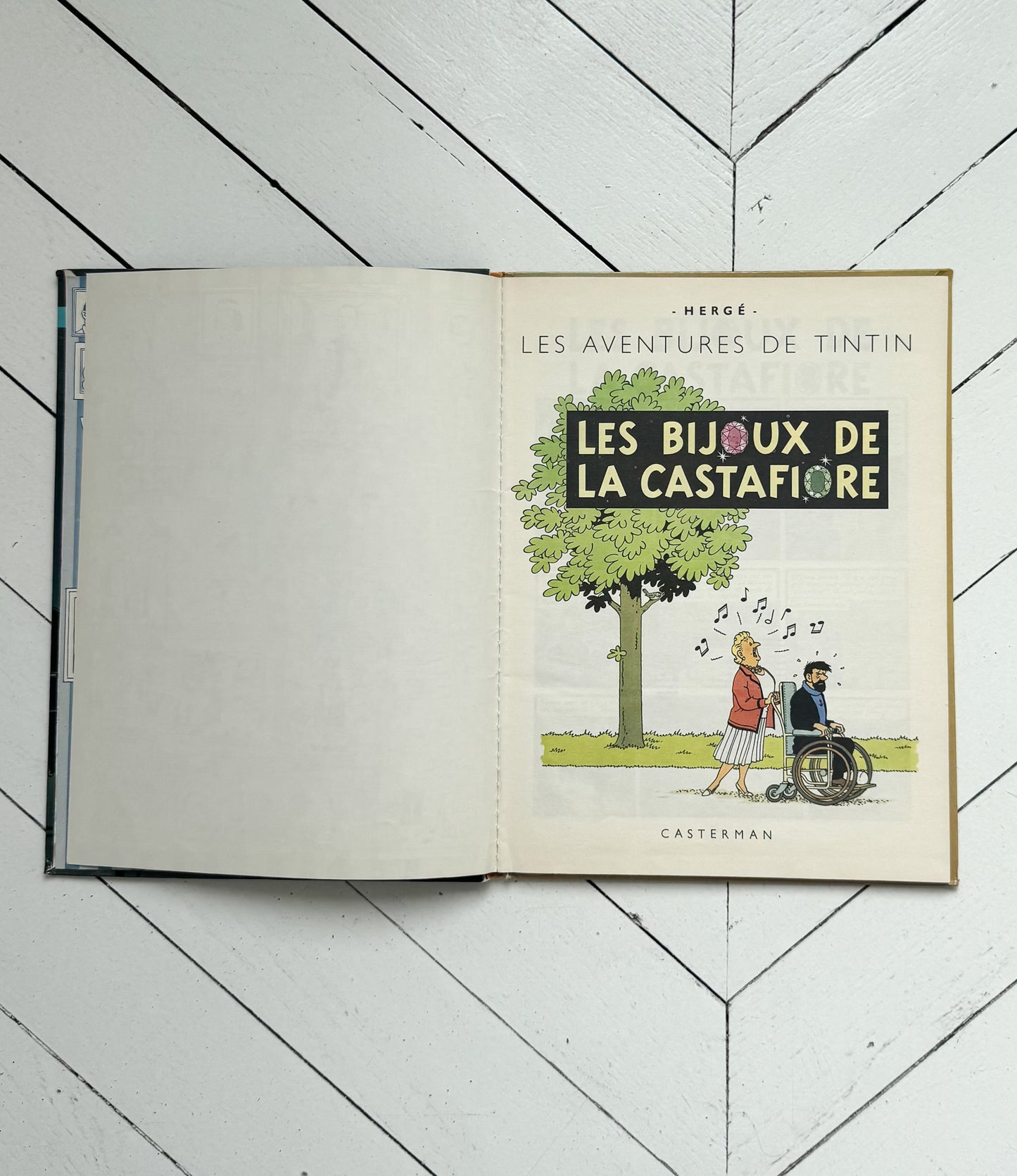 Open book titled 'Les Aventures de Tintin' on a white wooden surface