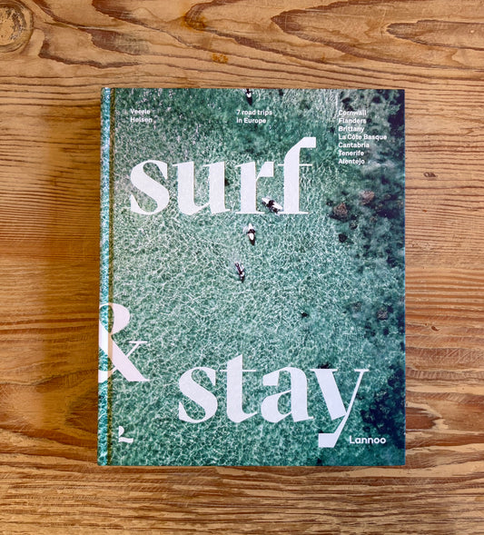 cover of book with ocean background and words "Surf&Stay"
