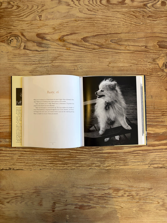 An open book lying flat on a rustic wooden table, showing a printed page with text on the left and a black-and-white photograph of a fluffy dog on the right.